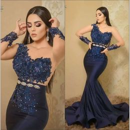 Satin Dark Evening Dresses Navy Sheer Long Sleeves Lace Beaded Floral Formal Slim Fit Ocn Prom Dress Arabic Aso Ebi Bc