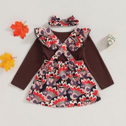 Clothing Sets Kids Girl Fall Outfits Solid Colour Long Sleeve T-Shirts Turkey Print Straps Skirts Headband 3Pcs Thanksgiving Clothes Set