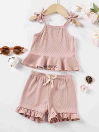 Clothing Sets Summer New Fashion Suit Toddler Girls Halter Top Shorts Two-piece Cute Casual Solid Colour Sets H240429