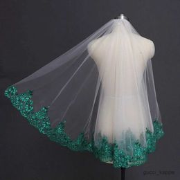 Wedding Hair Jewelry Green Lace Ivory White Tulle Short Wedding Veil Shine Sequins Lace One Layer Green Bridal Veil with Comb Wedding Accessories