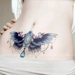 Tattoo Transfer Lasting Blue Gem Fake Tattoo for Woman Abdomen Art Tattoo Sticker Sexy Wings Temporary Tattoos Waterproof Tatuajes Temporales 240427