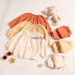 Pajamas New Kids Clothing Sets 2pcs Autumn ldren Pajamas Suit Solid Boys Girls Long Sleeve Tops Trousers Linen Cotton Outfits H240429