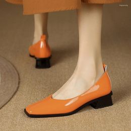 Dress Shoes Women Pumps Patent Leather For Chunky Heel Retro Mid-Heel Heels Fashion Black