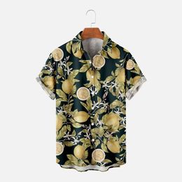 Men's Casual Shirts Chinese Style Lemon Print Short Sleeve Shirt Harajuku Streetwear Men Hawaiian Summer Hip Hop Button Up Beach Shirt 240424