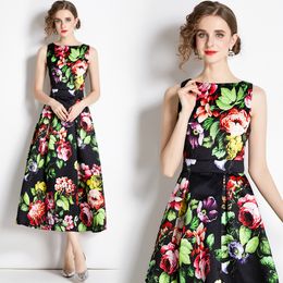 New Arrival Floral Print Womens A-Line Midi Long Shift Vest Dresses Boat Crew Neck Sleeveless Ladies Casual Party Holiday Vacation Spring Summer Fall Dropshipping