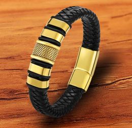 Charm Gold wristband Stainless Steel Genuine Leather Men Bracelet Whole Accessories Jewelry Gold Black Magnetic Bangles2148198