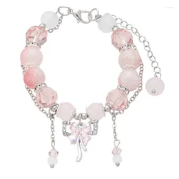 Bangle 1PCS Pink Crystal Bow Pendant Beaded Bracelet Sweet Bowknot For Women Trendy Jewellery Gift