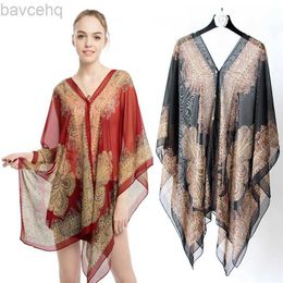 Shawls Hot Selling Chiffon Shawl Paisley Print Hijab Uv Protection Summer Scarf For Women Muslim Travel Beach Elegant Poncho 148*96cm d240426