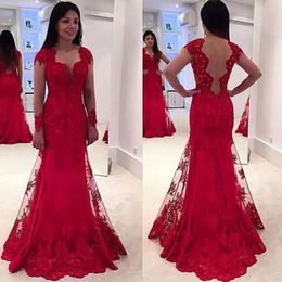 Red Mermaid Evening Lace Full Sexy V Neck Long Sleeves Appliques Formal Gowns Sheer Backless Floor Length Celebrity Prom Dresses