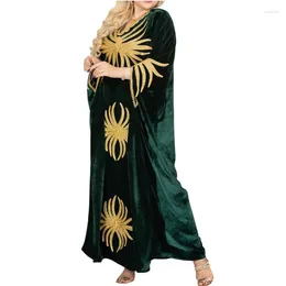 Ethnic Clothing Green Velvet Fabric Morocco Dubai Long Shirt Abaya Embroidery Work Dress Fashion Trend