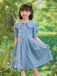 Girl Dresses Korean Summer Children Denim Dress School Single-breasted A-line Junior Lapel Bubble Sleeve One-piece