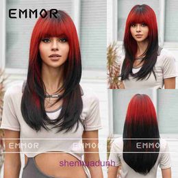 COS wig for women with straight bangs black gradient red long hair slightly curled naturally layered synthetic Fibre headwear