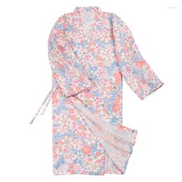 Ethnic Clothing Cotton Kimono Pajamas 2024 Summer Soft Floral Printing V-Neck Loose Lacing Cardigan Robes Japanese Style Ladies Sauna Yukata
