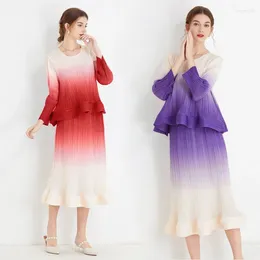 Work Dresses Miyake Women Western-style Age-reducing Gradient Colour Ruffled Pleated Top Skirt Two-piece Set