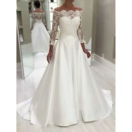 فساتين ساتان ساتان الزفاف الزفاف الزفاف الكلاسيكية قبالة الكتف الأكمام طويلة زر الظهر Vestido de Novia Spring Garden Garden Bride Mariage