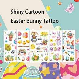 Tattoo Transfer Easter Cartoon Shiny Bunny Tattoo Sticker Rabbit and Colourful Eggs Skin Tattoo Sticker Easter Day Children Festival Waterproof F 240426