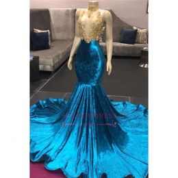 Mermaid Prom Halter Veet Elegant Dresses Gold Lace Applique Backless Sweep Train Formal Party Evening Gowns Bc