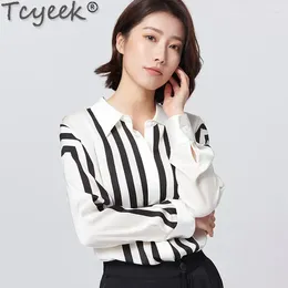 Women's Blouses 93% Mulberry Slik Blouse Women Tops Striped Shirts For Elegant Long Sleeve 23mm Real Silk Top Mujer