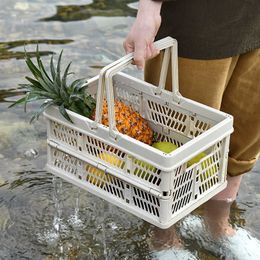 Outdoor camping folding storage box, car trunk, portable folding basket, wooden lid storage basket, shopping vegetable basket, storage basket