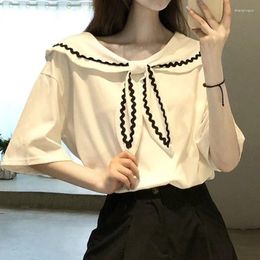 Women's T Shirts Summer Korean Elegant Navy Collar Lace Patchwork Short Sleeve T-Shirts Women Loose Casual Female Clothes Preppy Youth Tee