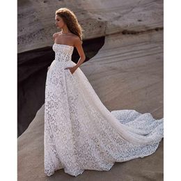 Pockets Strapless Dresses Lace With Wedding Country Full Corset A Line Bridal Gowns Sweetheart Sleeveless Long Bride Dress Court Train