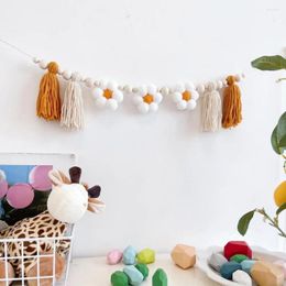 Decorative Figurines Handmade Woven Cotton Rope Wooden Bead Garland With Tassel Farmhouse Wall Hanging Nursery Props Ornament Kids Home Room