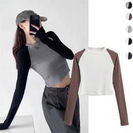 Women's T Shirts Sexy Vintage Colour Contrast Patchwork Long Sleeve Raglan High Waist Bare Midriff Slim Fit Short Bottoming Shirt Chic Inner