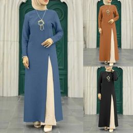 Middle Eastern Ethnic Women's Long Sleeve High Split Hem Dress Pure Colour Elegant and Intellectual Ladies Robe