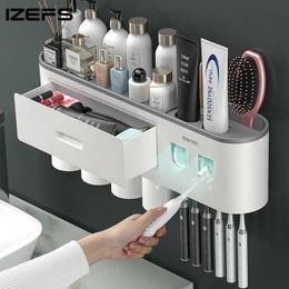 Toothbrush Holders IZEFS magnetic adsorption reverse toothbrush holder dual automatic dental pad dispenser storage rack bathroom accessory set 240426