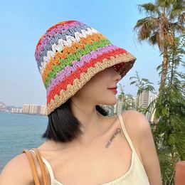 Colourful Striped Knitted Hat for Women Spring Summer Sunscreen Bucket Hats Girls Sweet Casual Cap Beach Vacation Straw 240415