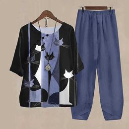 Zweiteilige Hosen für Frauen, heiße und ältere Frauenhosenanzug in mittleren und älteren Frauen-Hose Kurzer-T-Shirt Tops Wide-Big Hosen zweiteiliger Casual-Outfit-Anzug Y240426