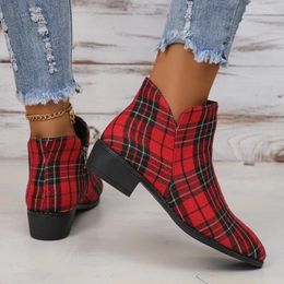 Casual Shoes 2024 European And American Plaid Cloth Thick Heel Short Boots For Women With British Style Pointed Toe Thin Fashion