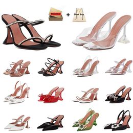 amina muaddi womens dress shoes Sandals Leather Sole Designer High Heels clear Diamond Chain Decoration Banquet mule Women Shoes Silk Wedding Sexy Pumps With Box
