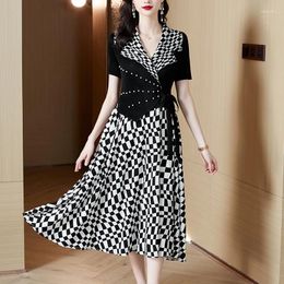 Party Dresses Black Embroidered Flares Patchwork Plaid Midi Suit Dress Women Elegant Office Lady Summer Korean Fashion Casual