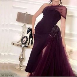 Satin Shoulder 2019 One Arabic Short Evening Ruched Tull Beaded Stones Formal Prom Dresses Party Gowns