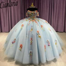 Light Blue Off The Shoulder Ball Gown Quinceanera Dresses Colourful Floral Appliques Lace Corset Vestidos De 15 Anos