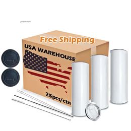 USA CA Warehouse 20Oz Skinny White Straight Sublimation Blanks Stainless Steel Tumblers With Straws 0602 0426