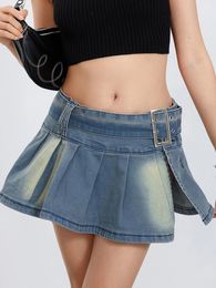 Women s Casual Slim A-line Pleated Ruffle Short Denim Skirts Low Rise Mini with Belt 240420