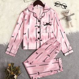 Spring Kids 2Pcs Sleepwear Solid Sweet Mock Silk Long Sleeve Two Piece Pajama with Valentine Heart Print Girls Pyjamas Nightwear 240410