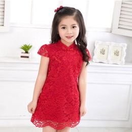 New arrival summer chinese style dress traditional red lace cheongsam qipao sleeves dress for girls kids princess dresses189w