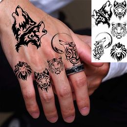 Tattoo Transfer Black Wolf Animal Temporary Tattoos For Men Adults Lion Tiger Fake Tatoos Finger Small Waterproof Tattoo Sticker 240427