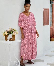 Boho Beach Wear Short Sleeve Loose Oversize Bikini Dress Kaftan Pink Leopard Print Cotton Rayon Cover-Ups Women Robe