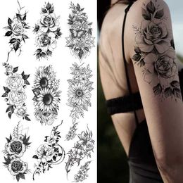 Tattoo Transfer Sexy Flower Temporary Tattoo Female Body Art Painting Arm Leg Tattoo Sticker Black Rose Waterproof Tattoo DIY Tattoo Sticker 240426