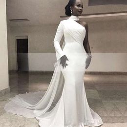 White High Neck African Satin Mermaid Evening Dresses One Shoulder Ruched Sweep Train Formal Party Red Carpet Prom Gowns