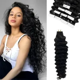 Weft Deep Wave Tape In Extensions 100% Human Hair Deep Curly Tape on Hair Extensions Skin Weft Remy Natural Hair Extensions #1B