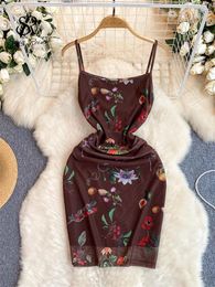 Casual Dresses SINGREINY Summer Fruit Print Beach Dress Spaghetti Strap Backless Slim Vacation Sundress 2024 Streetwear Y2K Floral Mesh