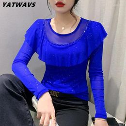 Women's T Shirts 2024 Autumn European Mesh T-Shirt Women Chic Sexy O-Neck Luxury Beading Ruffles Tops FashionSpring Long Sleeve Tees Blusas