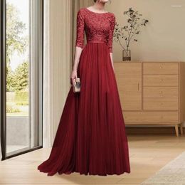 Casual Dresses Elegant Evening Dress Lace Embroidered Maxi With Half Sleeves Pleated Floor Length Skirt For Women's Prom