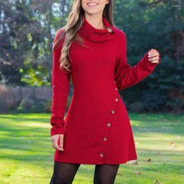 Casual Dresses Lightweight Solid Colour Dress Stylish Women's Autumn Winter Mini With Piled Collar Long Sleeve High Waist For Hip