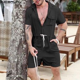 Men's Pants INCERUN 2024 American Style Rompers Streetwear Jumpsuits Fashionable Male Solid Overalls Short Sleeved S-5XL